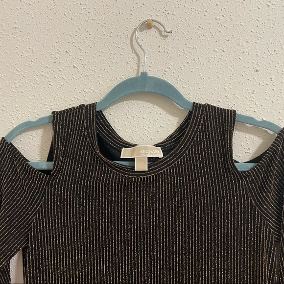 Michael Kors Black and Metallic Stripe Cold Shoulder Long Sleeve Top Blouse - Picture 10 of 13